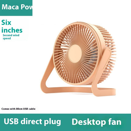 A peach-colored USB mini fan with a five-blade design and a two-speed mode.