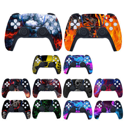 A collection of PS5 controller skins with various abstract and skull designs.