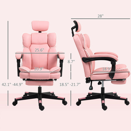 A pink PU leather office chair with a headrest, footrest, and swivel wheels.