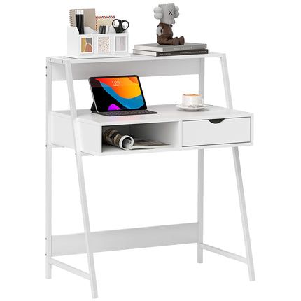 A white home office desk with a top shelf, a drawer, and an open storage compartment.