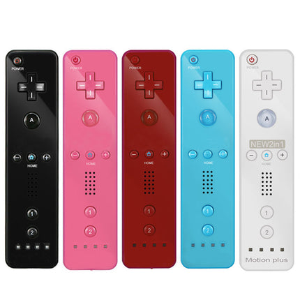 Five Wii wireless controllers in black, pink, red, blue, and white.