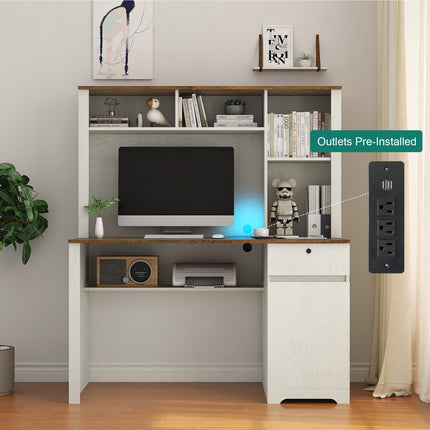 Computer Desk With Hutch & Bookshelf, Charging Plugs/Ports