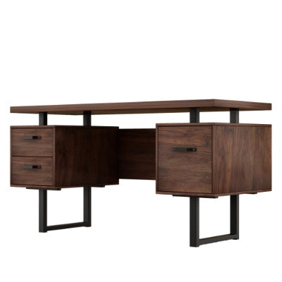 Brown wood computer desk with two drawers on the left and one on the right.