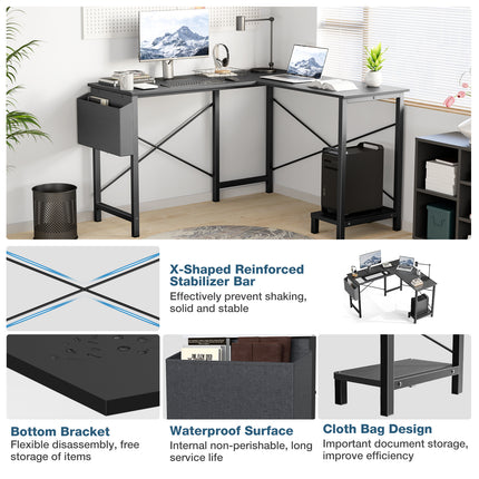 An L-shaped computer desk with a black top, metal frame, and side storage bag.