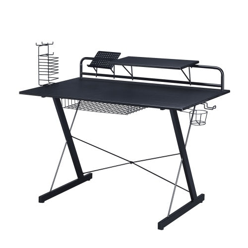 Black carbon fiber gaming desk with shelving, cup holder, and storage rack.
