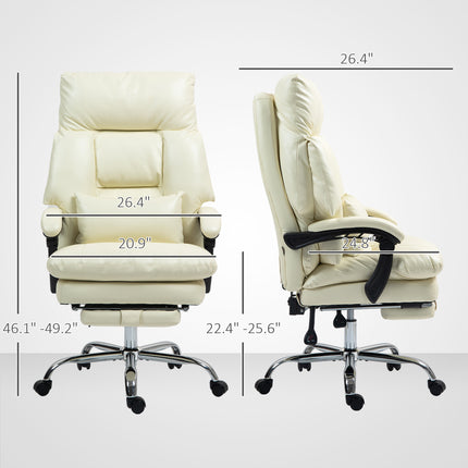 Cream white overstuffed office chair with footrest, shown from front and side with dimensions.
