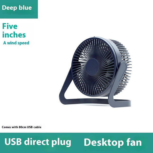 A deep blue USB mini fan with a five-inch diameter and a two-speed setting.