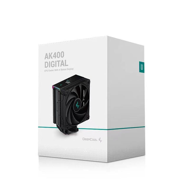A white box displays a black DeepCool AK400 Digital CPU cooler with a status display.