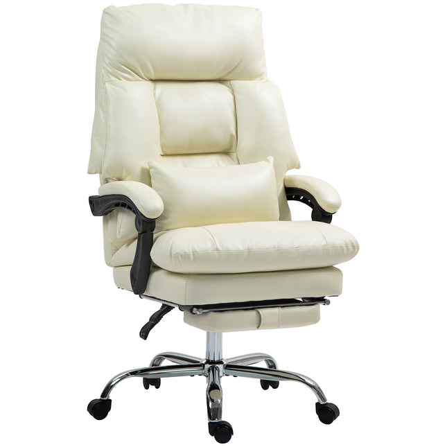 A cream white overstuffed office chair with a high back, padded arms, and a footrest.