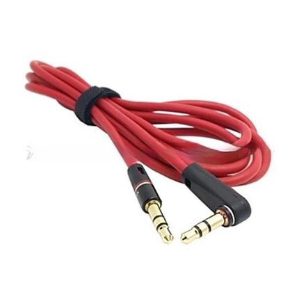 Red 3.5mm to 3.5mm audio cable with one straight and one elbow connector.