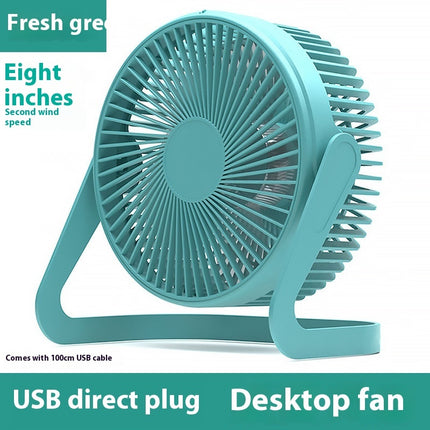 A teal USB mini fan with an eight-inch diameter and a two-speed setting.