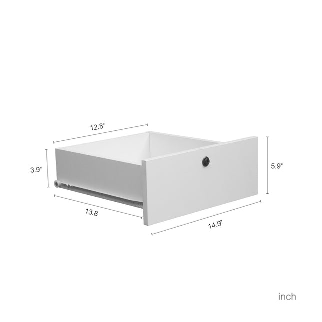 A white drawer with a black knob, showing dimensions of 14.9"W x 13.8"D x 5.9"H.