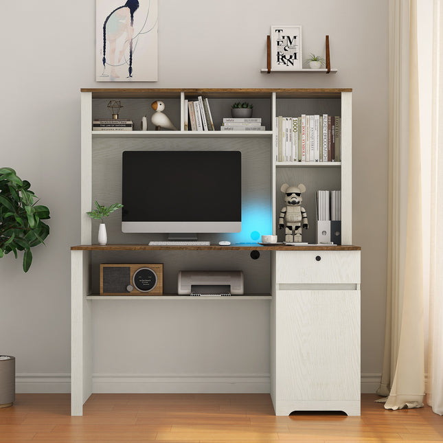 Computer Desk With Hutch & Bookshelf, Charging Plugs/Ports