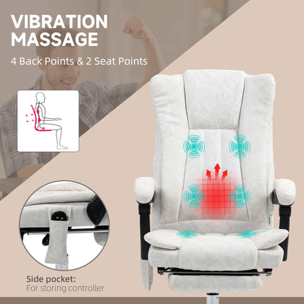 A white massage office chair with six vibration points and a side pocket for the controller.
