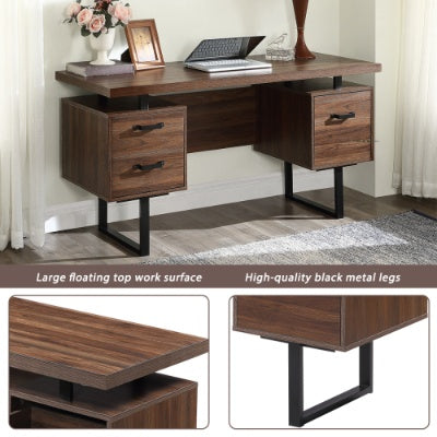 Brown home office computer desk with drawers and black metal legs.