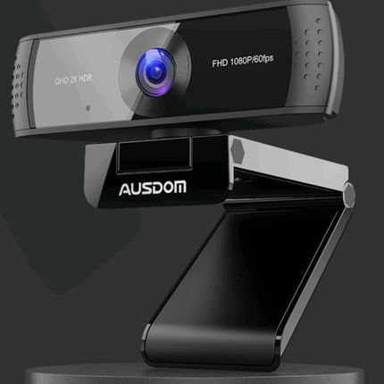A black webcam with a blue lens, labeled "AUSDOM," "QHD 2K HDR," and "FHD 1080P/60fps."