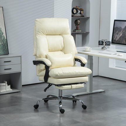 A cream white overstuffed office chair with a footrest is positioned in a modern office.