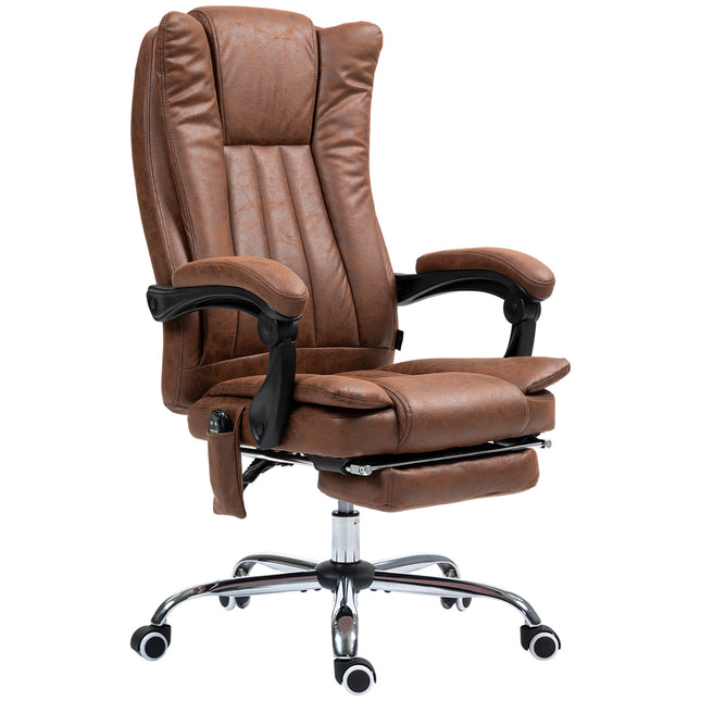 A brown massage office chair with a footrest, adjustable height, and wheels.