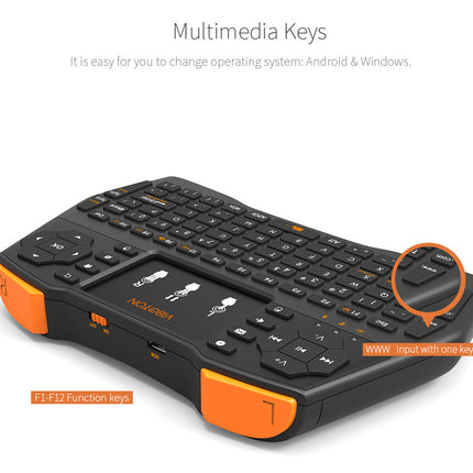 Black wireless mini keyboard with orange accents and a central touchpad.