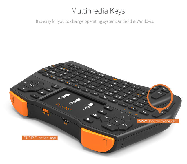 Black wireless mini keyboard with orange accents and a central touchpad.