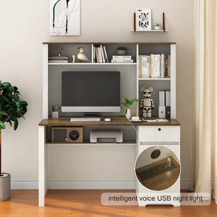 Computer Desk With Hutch & Bookshelf, Charging Plugs/Ports