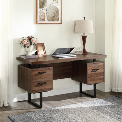 Brown 59-inch home office computer desk with drawers and a laptop.
