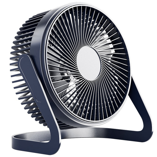 A dark blue USB mini fan with a white center and silver accents.
