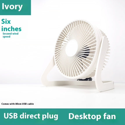 An ivory six-inch USB desktop fan with a two-speed setting.