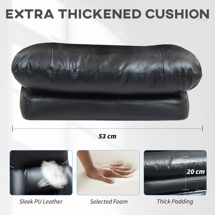 A black, extra-thickened cushion made of sleek PU leather and selected foam, measuring 53 cm wide and 20 cm thick.