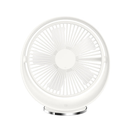 White USB desk fan with a circular design and a chrome base.