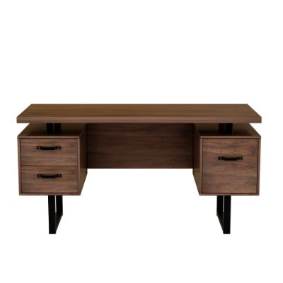Brown home office computer desk with two drawers on the left and one on the right.