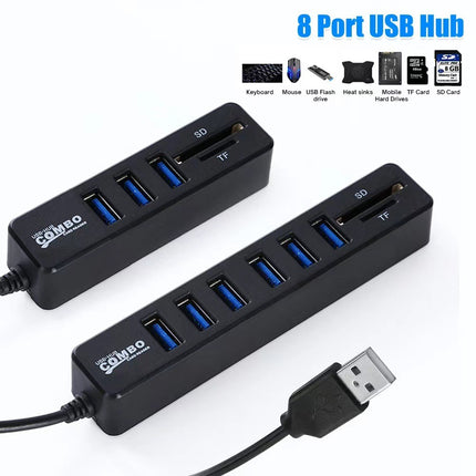 Two black USB hubs with six blue USB ports and two card slots each, connected by a USB cable.
