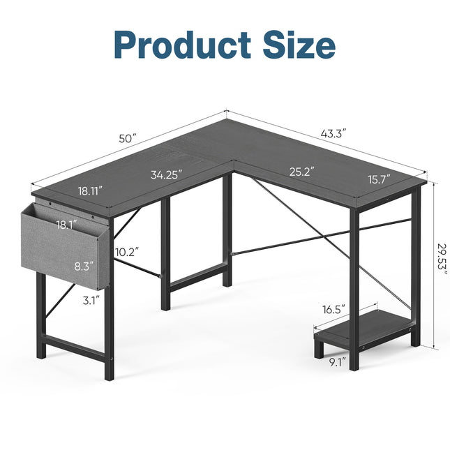 An L-shaped computer desk with dimensions, a side storage pocket, and a bottom shelf.