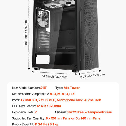 Mid-Tower PC Gaming Case + 3 X 120 Mm ARGB Fans - For ATX Motherboard