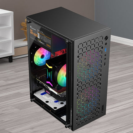Black gaming PC case with a transparent side panel revealing internal RGB components.