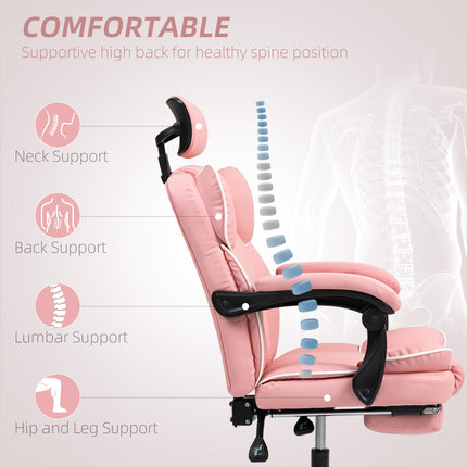 A pink PU leather office chair with a headrest, footrest, and ergonomic support.