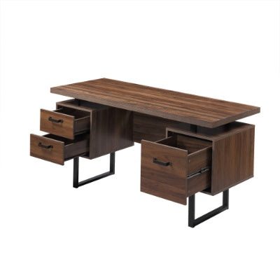 Brown wood home office desk with three open drawers and black metal legs.