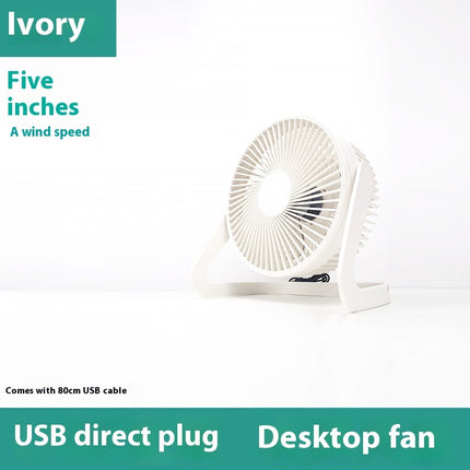 An ivory five-inch USB desktop fan with a visible power cable.
