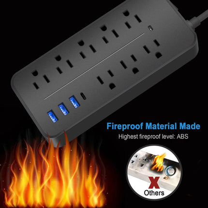 Black surge protector with 12 outlets and 3 USB ports, shown with flames below.