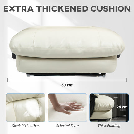 A cream white office chair cushion, 53 cm wide and 20 cm thick, made of sleek PU leather and selected foam.