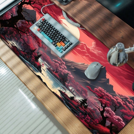 Gaming mouse pad with a red and black anime landscape design.