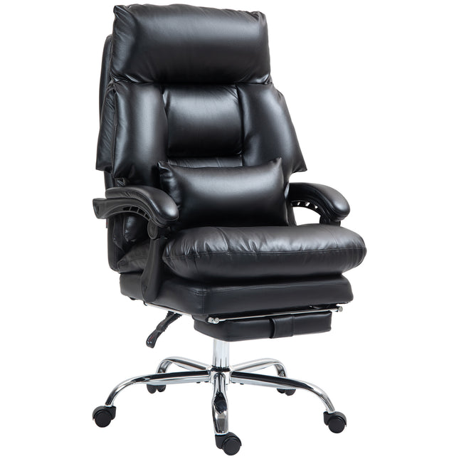 Black overstuffed PU leather office chair with a high back, padded arms, and footrest.
