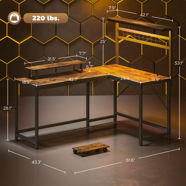 L Shaped Gaming Desk With Power Outlets & LED Lights
