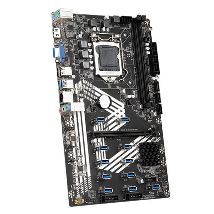 A black professional mining motherboard with multiple USB ports and a CPU socket.