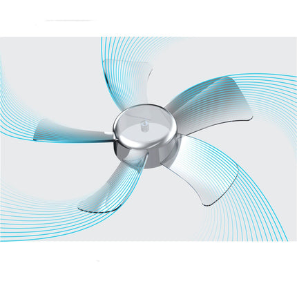A white five-blade desk fan with blue lines illustrating airflow.