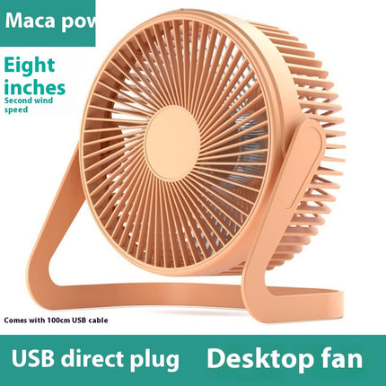 An orange USB mini fan with a two-speed setting and an 8-inch diameter.