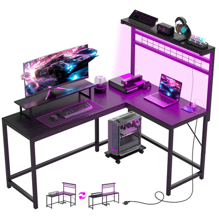 L Shaped Gaming Desk With Power Outlets & LED Lights