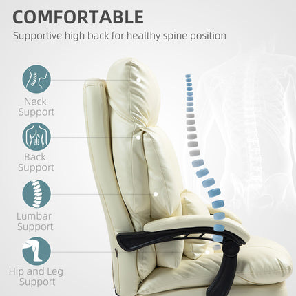 Cream white overstuffed office chair with diagrams showing neck, back, lumbar, hip, and leg support.