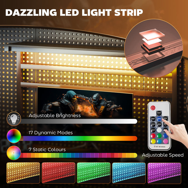 An L-shaped gaming desk with LED lights, remote control, and various color modes.