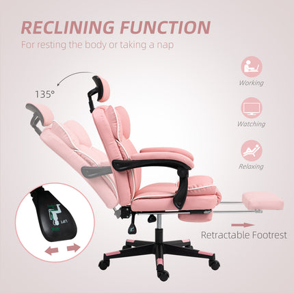 Pink PU leather office chair with reclining function and retractable footrest.